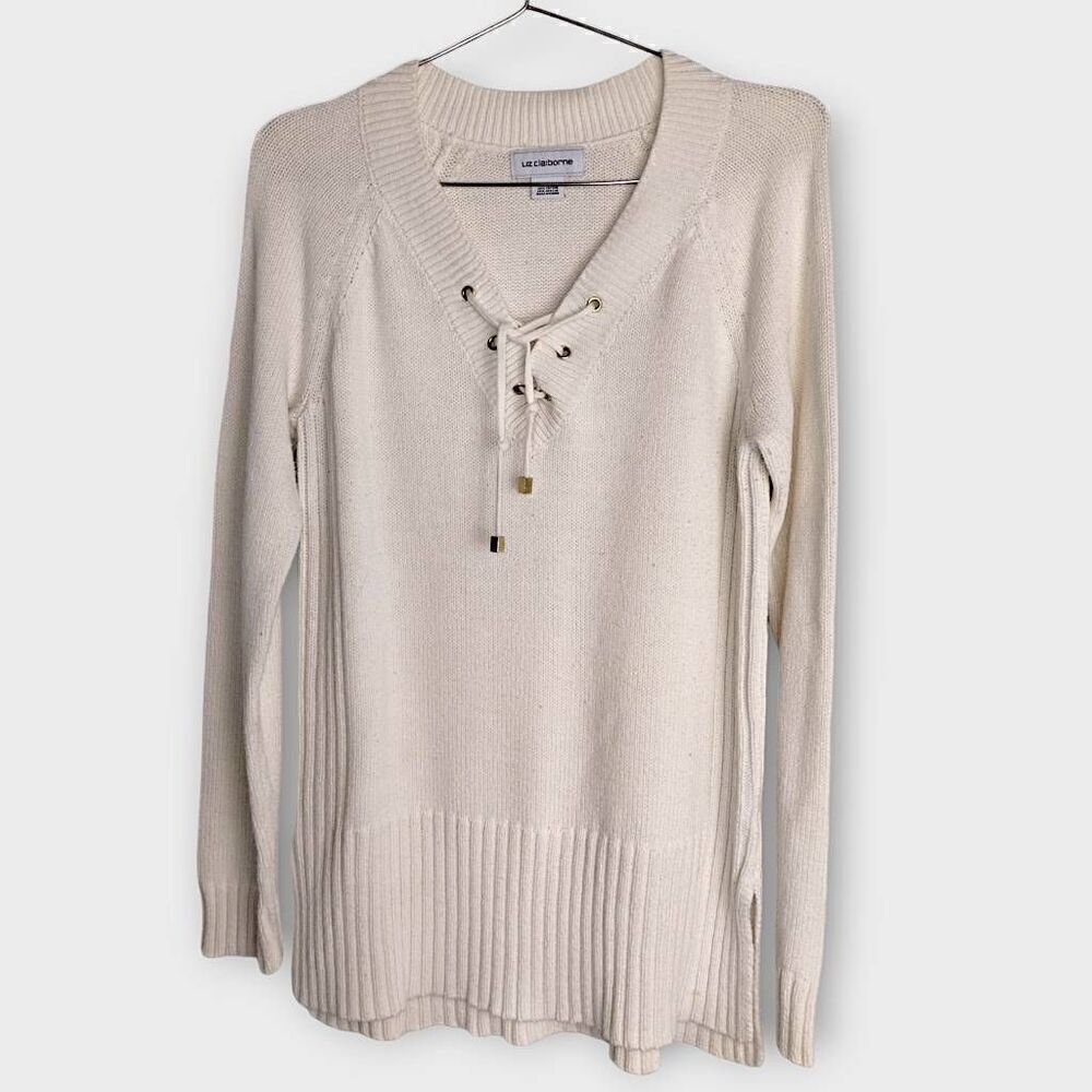 Liz Claiborne Womens Sweater Sz Small Ecru Long Sleeves Lace Up Neckline Classic